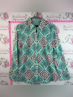 Talbots Teal and Purple Lightweight Geometric Floral Print Button-Down Shirt L